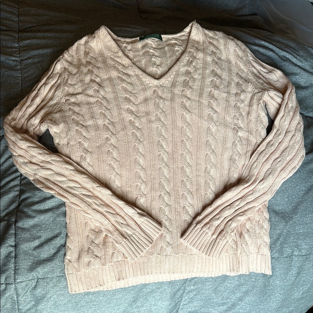 Ralph Lauren V-Neck Cable Knit Sweater - Light Pink